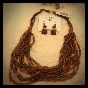 Amber color beaded necklace & earring set NEW